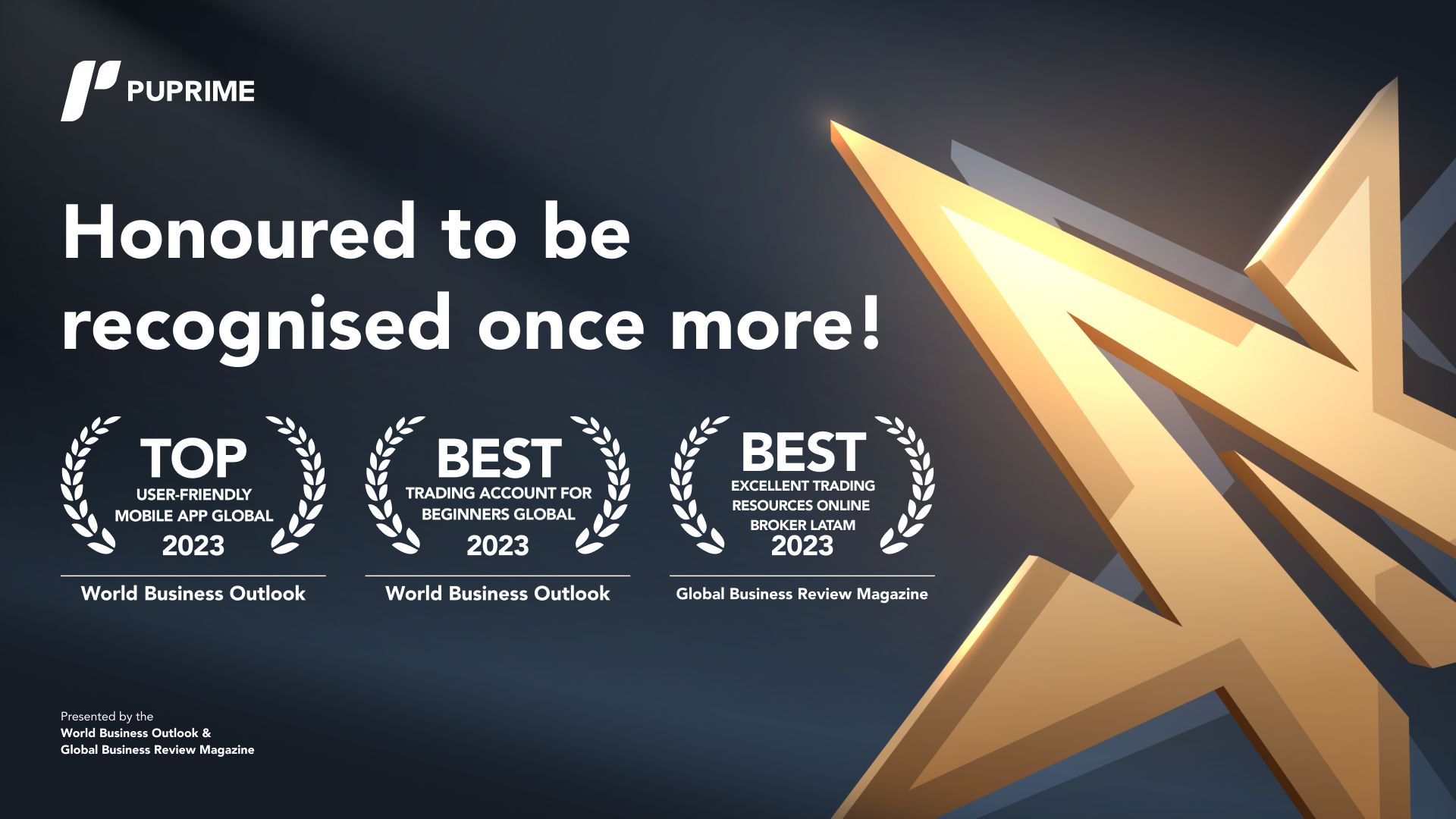 PU Prime 2023 industry awards: Top User-Friendly Mobile App Global, Best Trading Account for Beginners Global, Best Excellent Trading Resources Online Broker LATAM
